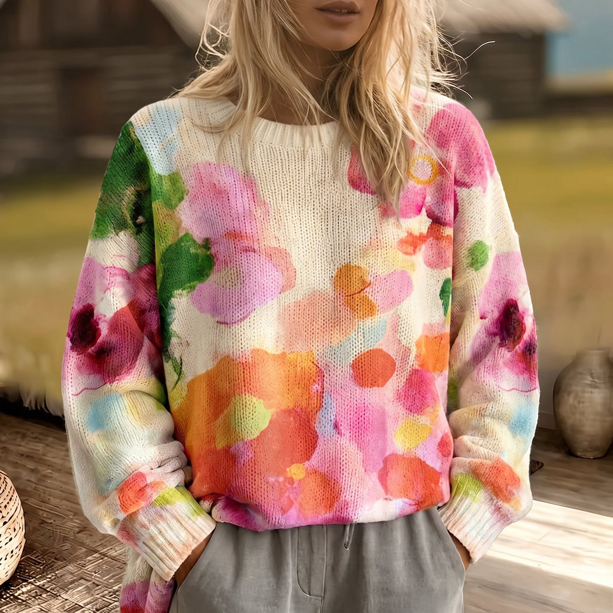 Mira | Sweter z pastelowym kwiatowym nadrukiem