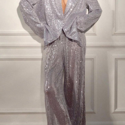 Cekinowy zestaw z marynarką i szerokimi spodniami