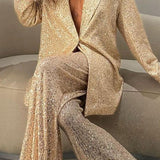 Cekinowy zestaw z marynarką i szerokimi spodniami