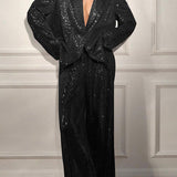 Cekinowy zestaw z marynarką i szerokimi spodniami