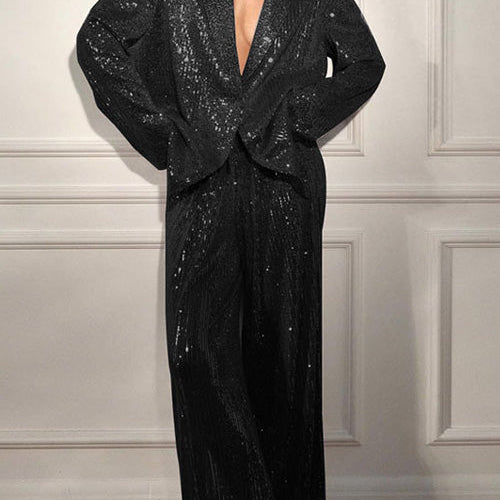 Cekinowy zestaw z marynarką i szerokimi spodniami