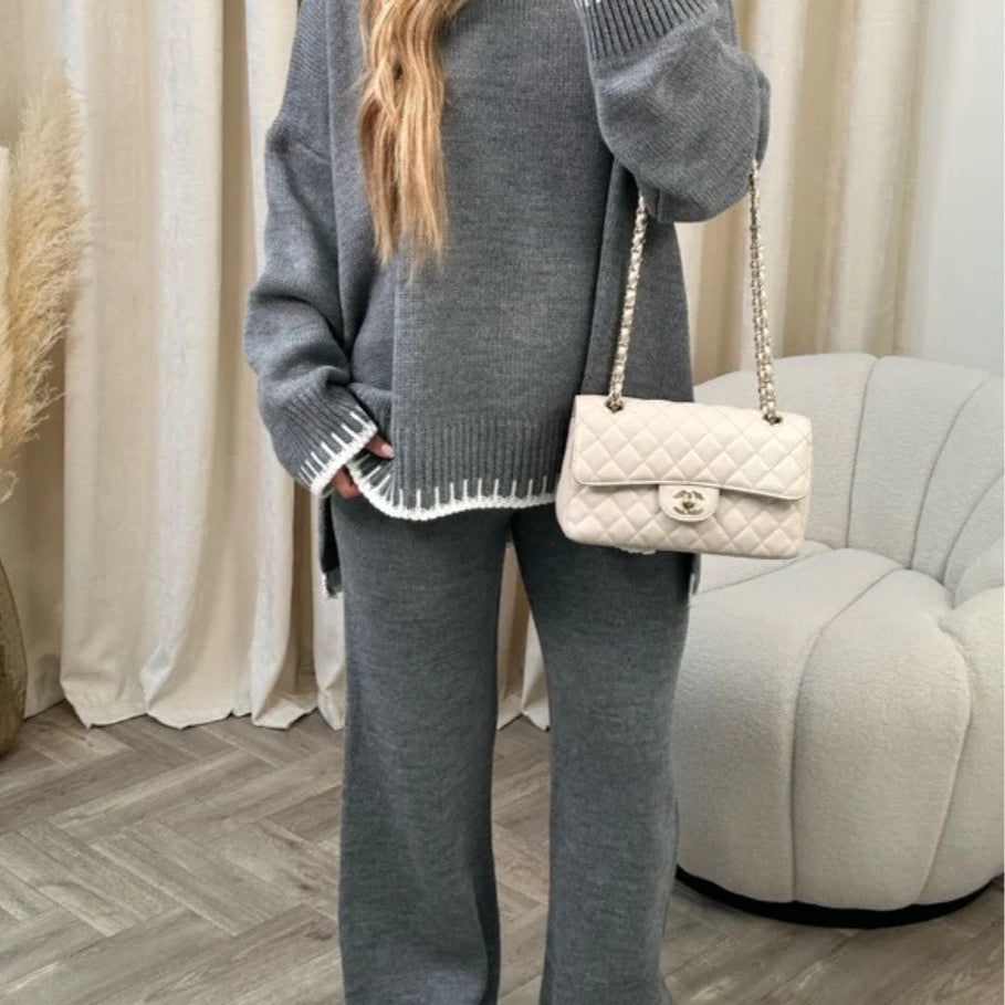 Elegancki komplet dzianinowy z kontrastowym wykończeniem