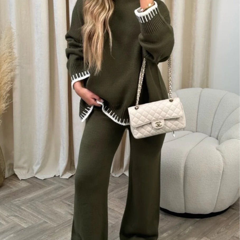 Elegancki komplet dzianinowy z kontrastowym wykończeniem