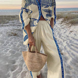 Komplet oversize z motywem oceanicznym i szerokimi spodniami