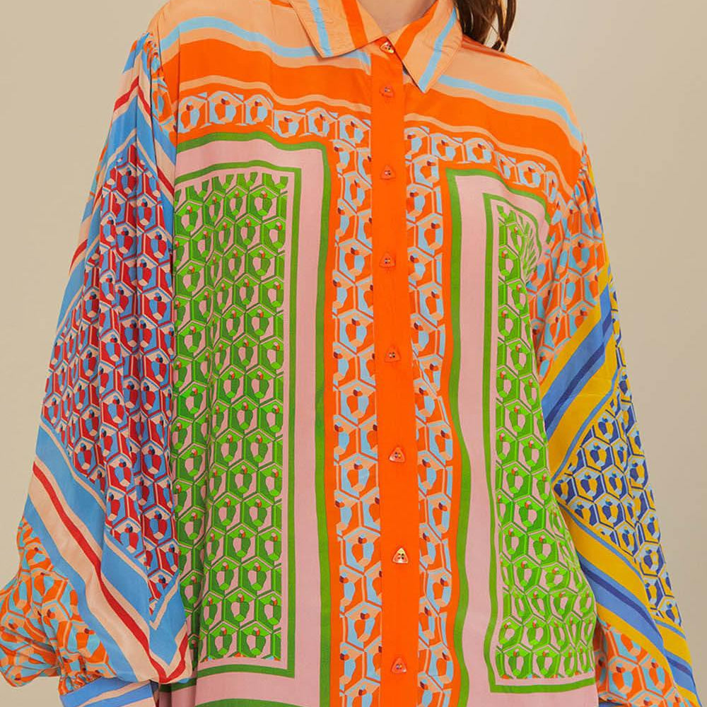 Koszula oversize z artystycznym printem i rękawem lantern