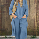 Bawełniano-lniany komplet z tuniką V-neck i luźnymi kulotami