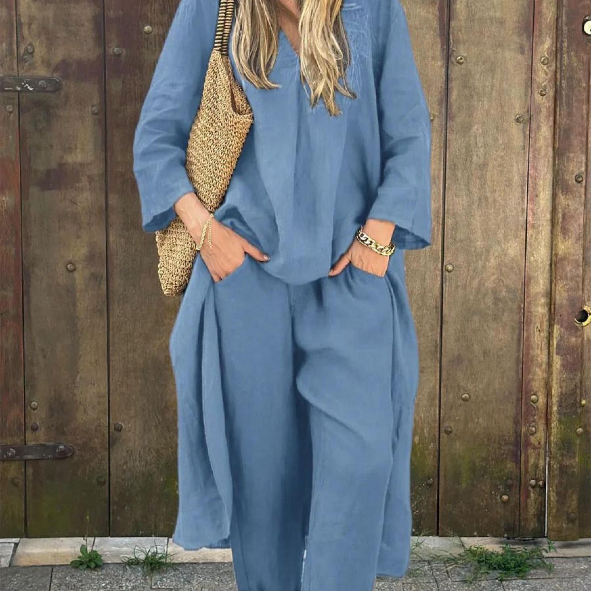 Bawełniano-lniany komplet z tuniką V-neck i luźnymi kulotami