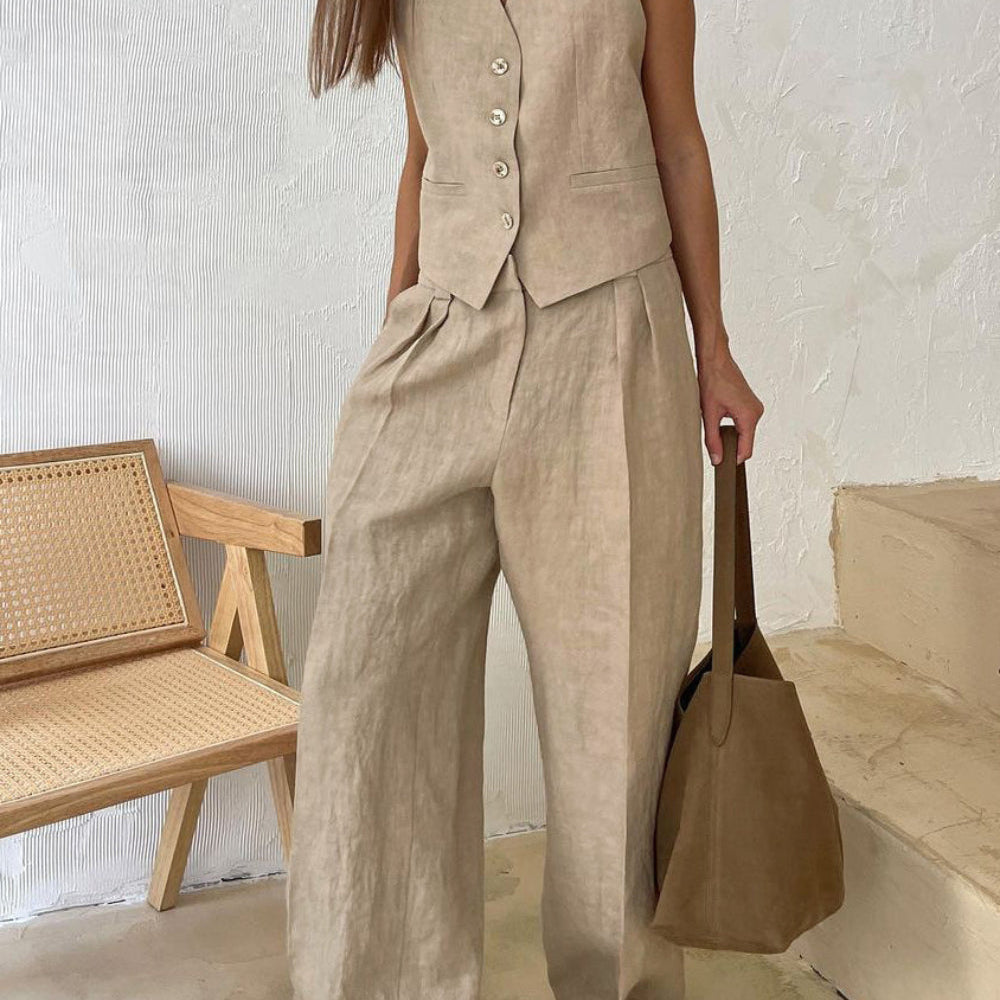 Lniany komplet z kamizelką V-neck i szerokimi spodniami maxi