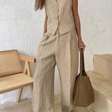 Lniany komplet z kamizelką V-neck i szerokimi spodniami maxi