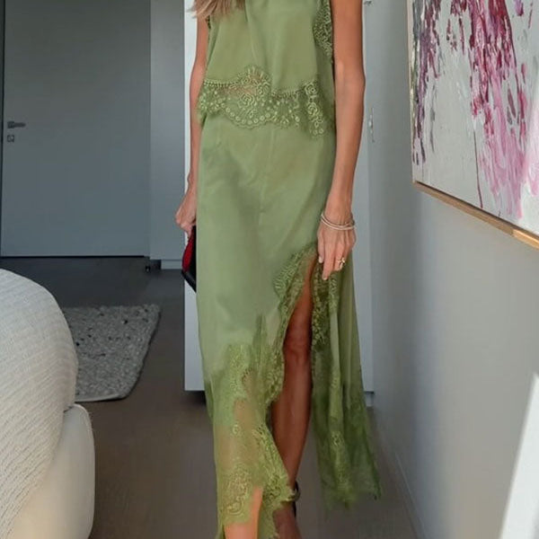 Elegancki komplet maxi z koronką i rozcięciem