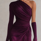 Elegancka fioletowa sukienka maxi sexy na jedno ramię