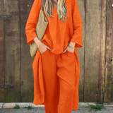 Bawełniano-lniany komplet z tuniką V-neck i luźnymi kulotami