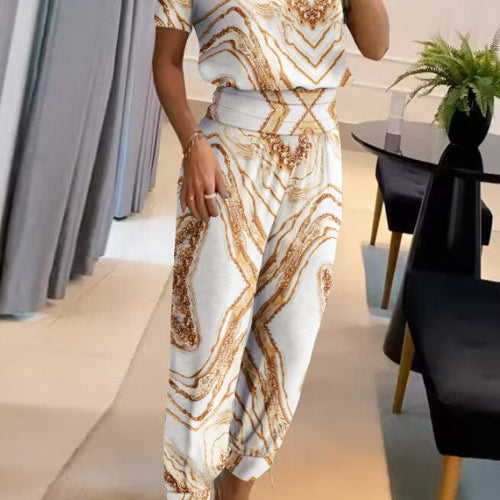 Elegancki komplet z bluzką V-neck i luźnymi spodniami z wysoką talią