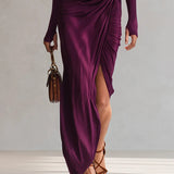 Elegancka fioletowa sukienka maxi sexy na jedno ramię