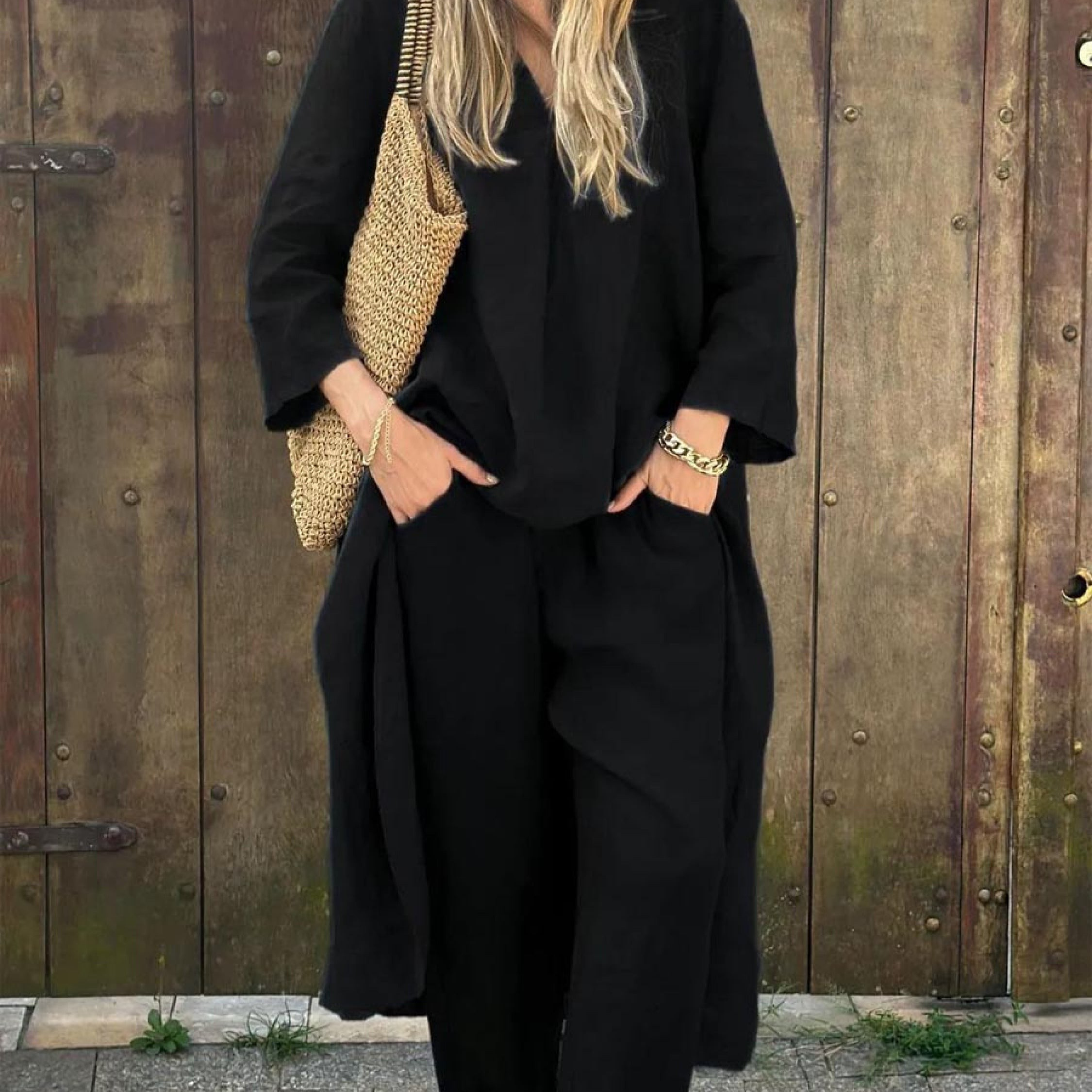 Bawełniano-lniany komplet z tuniką V-neck i luźnymi kulotami