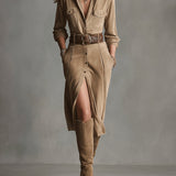 Damska brązowa modna sukienka z zamszu midi