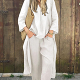 Bawełniano-lniany komplet z tuniką V-neck i luźnymi kulotami