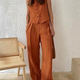 Lniany komplet z kamizelką V-neck i szerokimi spodniami maxi