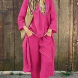 Bawełniano-lniany komplet z tuniką V-neck i luźnymi kulotami