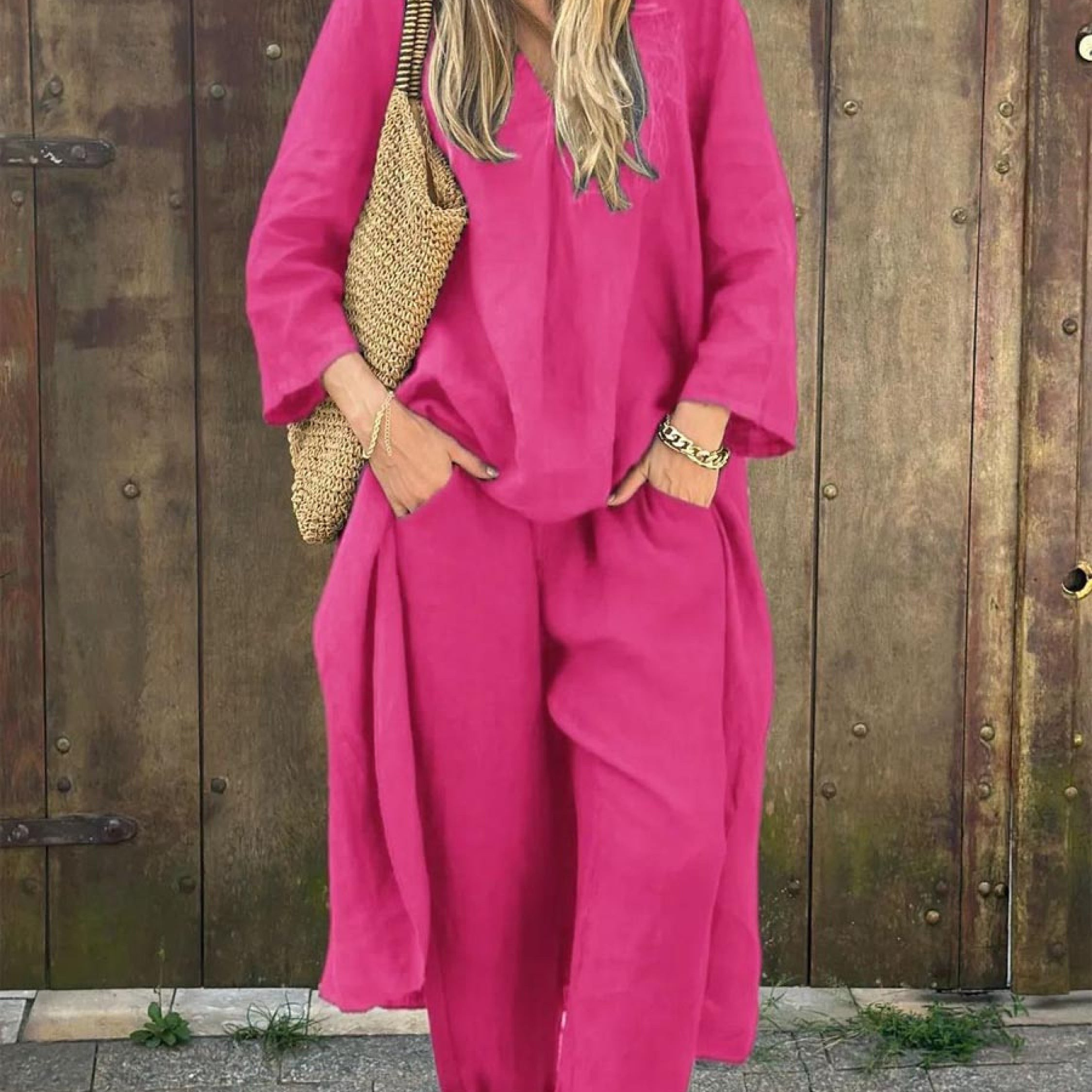 Bawełniano-lniany komplet z tuniką V-neck i luźnymi kulotami