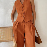 Lniany komplet z kamizelką V-neck i szerokimi spodniami maxi