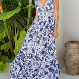 Zestaw: jednoczęściowy kostium kąpielowy z wiązanym dekoltem V i spódniczką w niebiesko-biały print