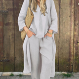 Bawełniano-lniany komplet z tuniką V-neck i luźnymi kulotami