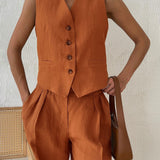 Lniany komplet z kamizelką V-neck i szerokimi spodniami maxi