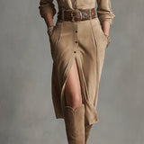 Damska brązowa modna sukienka z zamszu midi