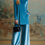 Welurowy Komplet Royal Blue z Golfem i Szerokimi Spodniami