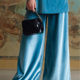 Welurowy Komplet Royal Blue z Golfem i Szerokimi Spodniami