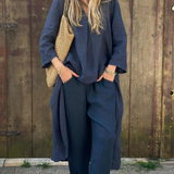 Bawełniano-lniany komplet z tuniką V-neck i luźnymi kulotami