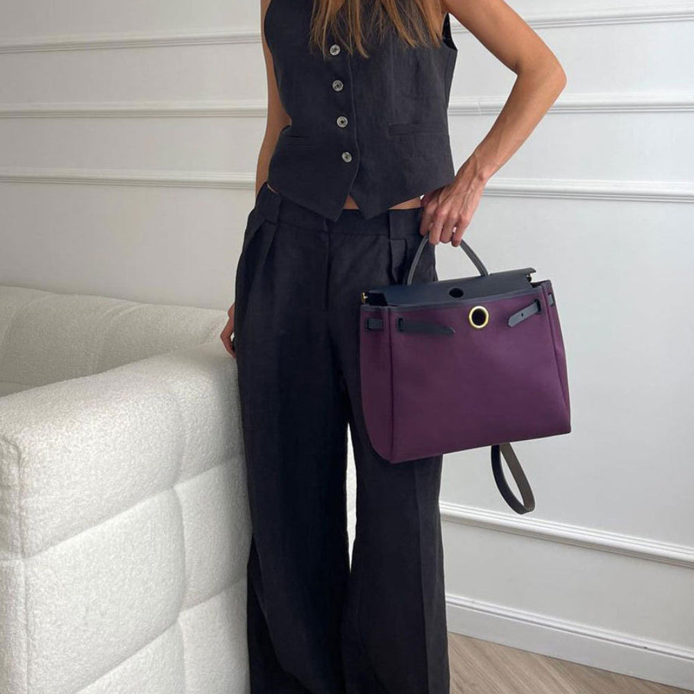 Lniany komplet z kamizelką V-neck i szerokimi spodniami maxi