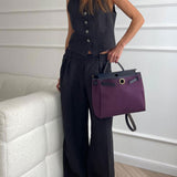 Lniany komplet z kamizelką V-neck i szerokimi spodniami maxi