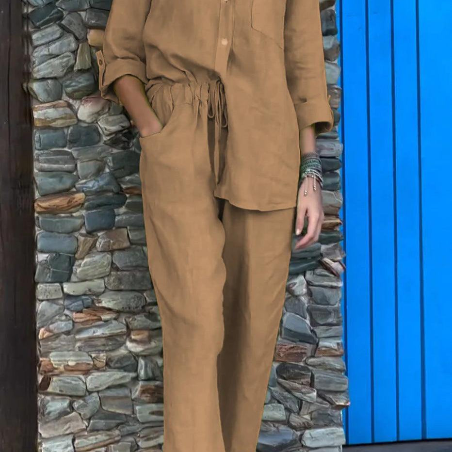 Casualowy komplet z koszulą i luźnymi spodniami