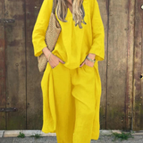 Bawełniano-lniany komplet z tuniką V-neck i luźnymi kulotami