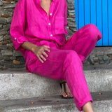 Casualowy komplet z koszulą i luźnymi spodniami