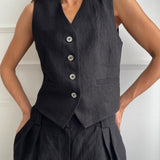 Lniany komplet z kamizelką V-neck i szerokimi spodniami maxi