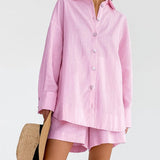 Bawełniany komplet z oversize’ową koszulą i luźnymi szortami