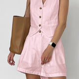 Bawełniano-lniany zestaw z kamizelką na guziki i szortami