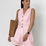 Bawełniano-lniany zestaw z kamizelką na guziki i szortami