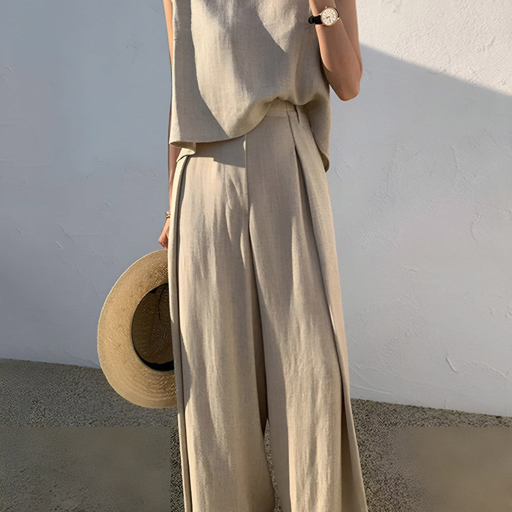 Minimalistyczny komplet z topem bez rękawów i szerokimi spodniami