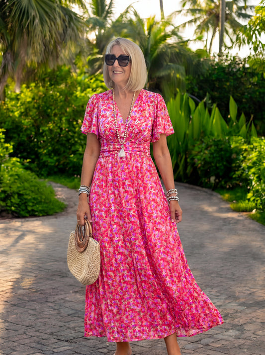 Teresa | Sukienka maxi w kwiaty z marszczeniem