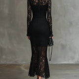 Elegancka Sukienka Maxi Fishtail z Elastycznej Czarnej Koronki