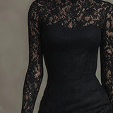 Elegancka Sukienka Maxi Fishtail z Elastycznej Czarnej Koronki