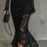 Elegancka Sukienka Maxi Fishtail z Elastycznej Czarnej Koronki