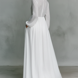 Maxi Minimalistyczna z Bawełny i Lnu z Patchworkiem, Wysoki Kołnierz i Długie Rękawy