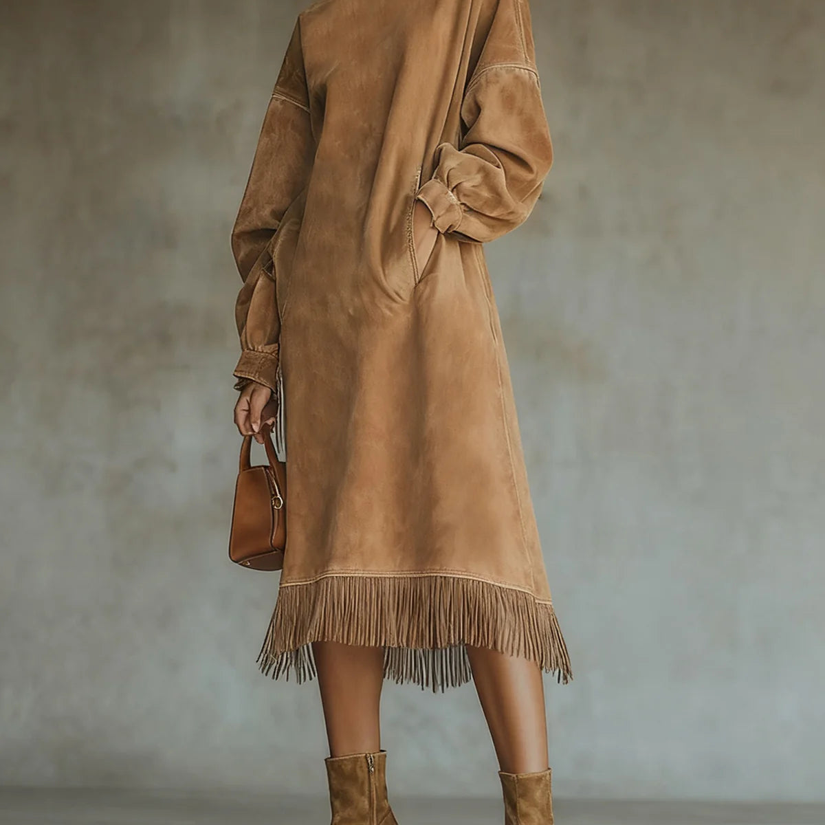 Sukienka z Suede z Golfem i Frędzlami