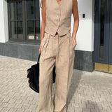 Lniany komplet z kamizelką V-neck i szerokimi spodniami maxi