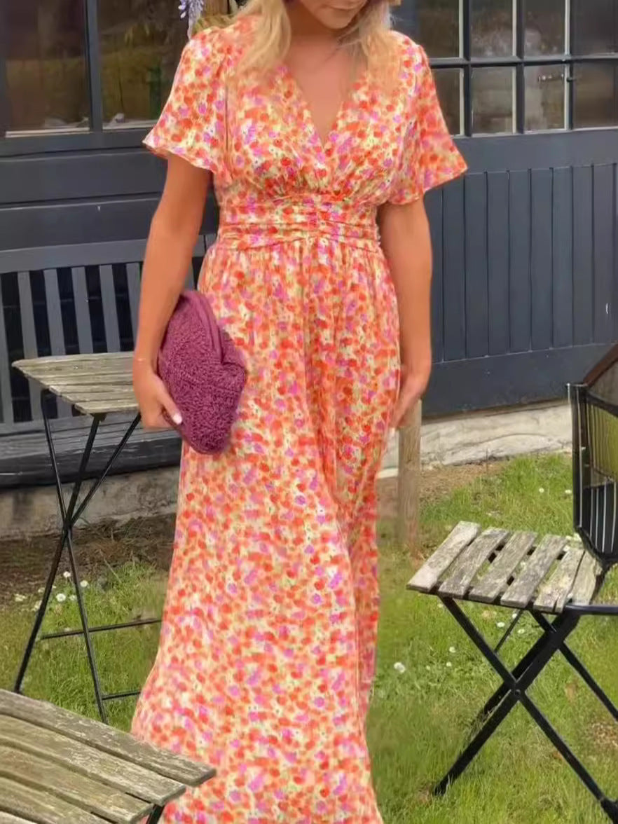Teresa | Sukienka maxi w kwiaty z marszczeniem